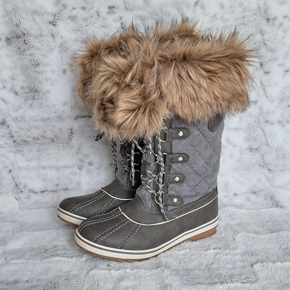 Global Win Quilted gray fur warm tall Duck Boot winter Snow boots. Size 8.5.